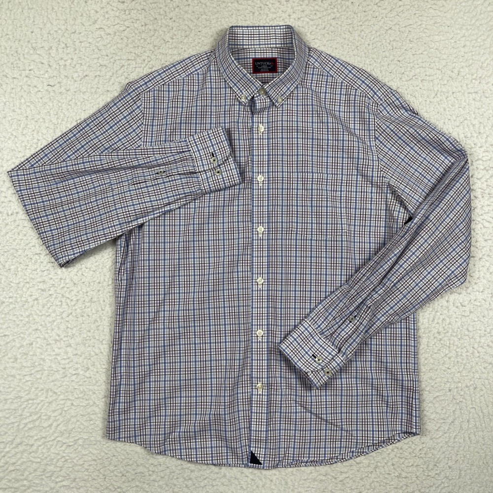UNTUCKit Button Down Mens Large Blue Plaid Slim Fit Wrinkle Free Preppy Office